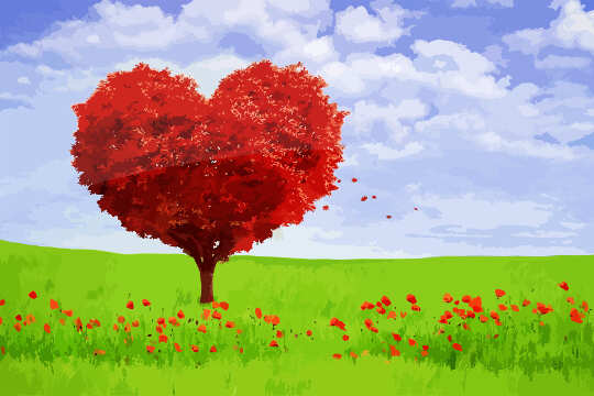 شجرة حمراء على شكل قلب في حقل أخضر مع زهور حمراء في المقدمة