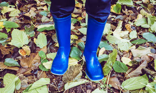 yerde yaprakları olan mavi lastik çizmeler giyen çocuğun ayaklarının resmi