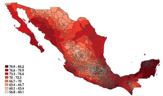 Grafik menunjukkan kisaran suhu rata-rata di Fahrenheit di berbagai belahan Meksiko. Davis dan Gertler, PNAS, 2015. Hak Cipta 2015 National Academy of Sciences, AS.