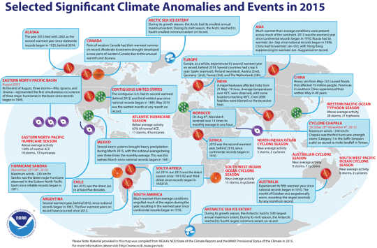Eventi estremi si sono verificati in tutto il mondo in 2015. NOAA NCEI