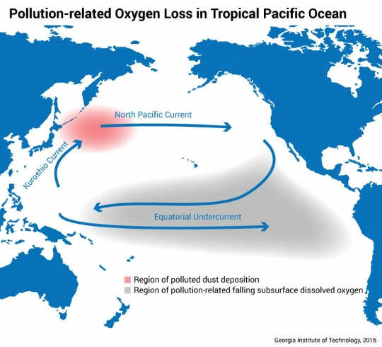 एक नक्शा दिखाता है कि उत्तरी प्रशांत महासागर में वायु प्रदूषण लोहे जमा करने से हजारों मील दूर यात्रा कर सकता है। (क्रेडिट: जॉर्जिया टेक)