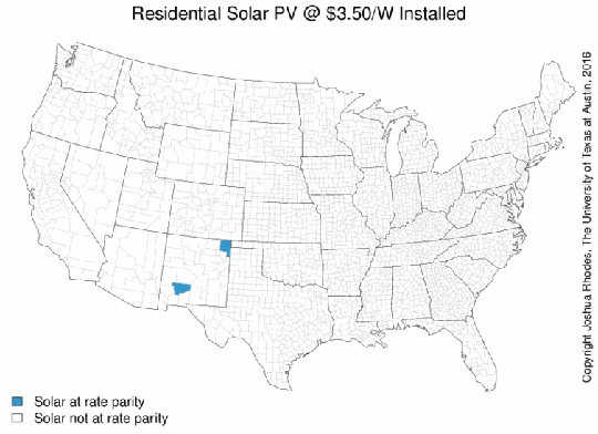 GIF showing the locations where residential solar LCOE reaches parity with local average electric rates at various solar installed costs.