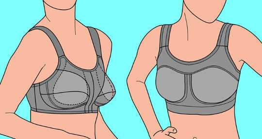 Sports bra menggunakan metode enkapsulasi (kiri) dan kompresi (kanan) untuk mengurangi pergerakan. Mvtver