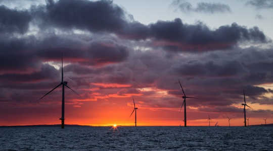 太阳升起在一个海上风力发电场的后面。 Image：Aaron通过Flickr