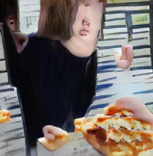 'Citra seorang gadis makan sepotong besar pizza'
