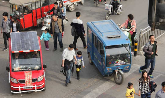 China has become a leader in clean transportation. These vehicles are solar-powered. 