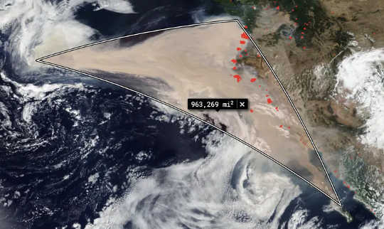 Winden voeren rook van bosbranden in Californië, Oregon en Washington west over de Stille Oceaan op 10 september, die bijna een miljoen vierkante mijl bedekt.