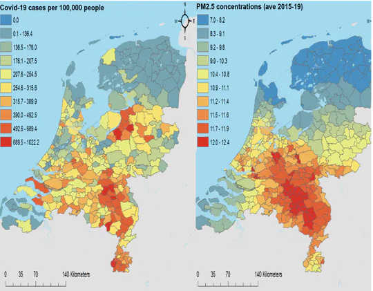 COVID-19 gevallen per 100,000 mensen en jaarlijkse concentraties PM2.5 (gemiddeld over de periode 2015-19) in Nederland.