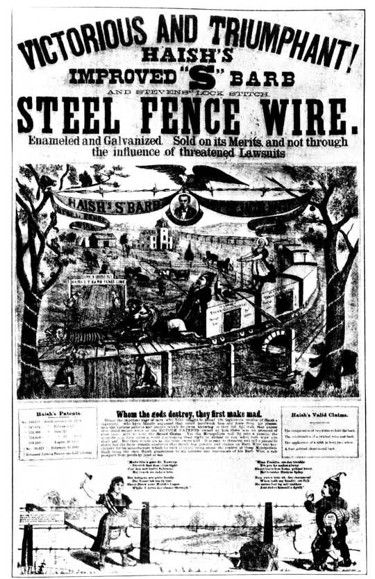 帶刺鐵絲網的早期廣告，1880-1889年。 鐵絲網的出現極大地改變了美國西部的牧場和土地利用，終止了開放式製程。