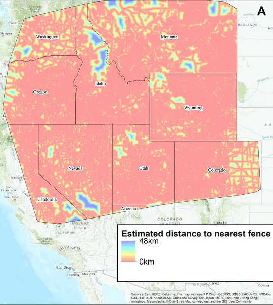 Авторы собрали консервативный набор данных о потенциальных линиях ограждения на западе США. Они подсчитали, что ближайшее расстояние до любого забора составляет менее 31 мили (50 километров), в среднем около 2 миль (3.1 километра).