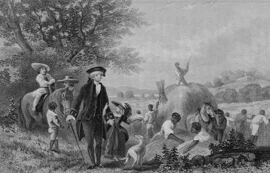 여기에 묘사 된 조지 워싱턴을 포함한 많은 건국의 아버지들은 노예를 소유했습니다.