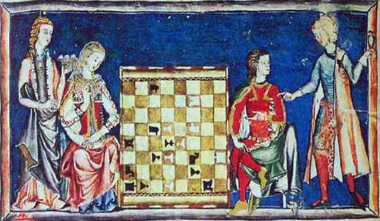 Hình ảnh hai cặp tình nhân trẻ đang chơi cờ vua trong 'Sách Cờ vua, Xúc xắc và Bàn ăn' thế kỷ 13 của Alfonso X.