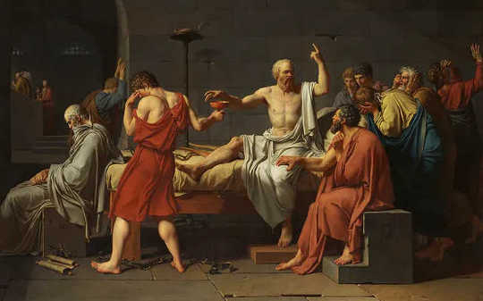 彼の死刑執行人によって与えられたヘムロックを飲もうとしている刑務所のソクラテス。 （ホワイトハウスから古代アテネの偽善まで、党派主義に匹敵するものはありません）