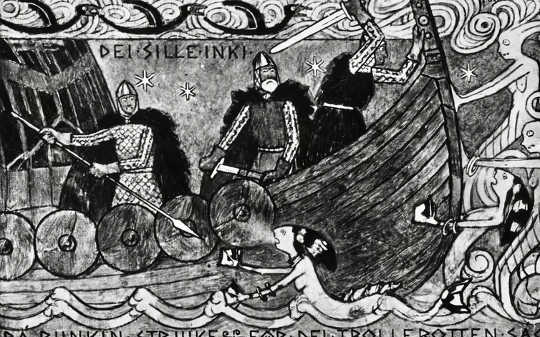 Um navio viking dinamarquês sob ataque de sereias, por volta de 1200. (as sereias não são reais, mas fascinam as pessoas ao redor do mundo há anos)