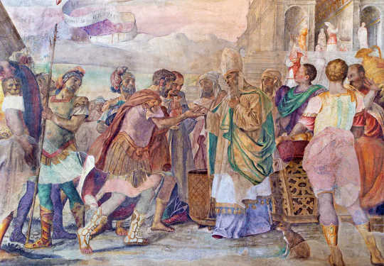 Une fresque du jésuite Benedetto da Marone (1550-1565) montrant le roi David recevant le pain sacré d'Ahimelech le prêtre.