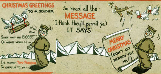 Een kleurrijke vintage cartoon wenskaart toont een karikatuur van een soldaat die een bericht ontvangt van de 'Pigeon Express'.