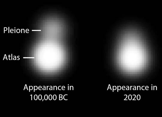 Uma simulação que mostra como as estrelas Atlas e Pleione teriam aparecido a um olho humano normal hoje e em 100,000 aC.