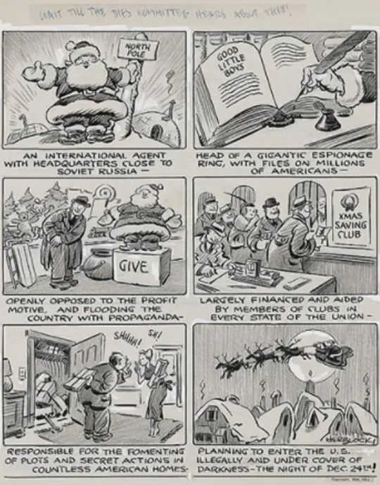 In a political cartoon, Herb Block questions if the Dies Committee would find Santa Claus to be un-American.