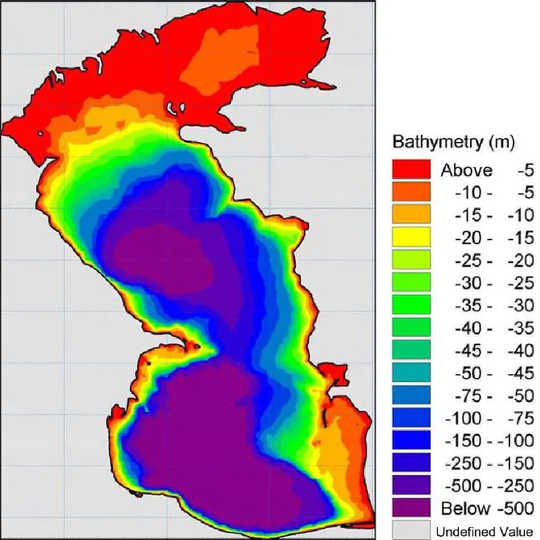 Tiefenkarte des Kaspischen Meeres: Die Bereiche in Rot und Gelb können vollständig verschwinden.