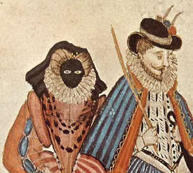 Một người phụ nữ đeo một con thằn lằn, c.1581, Pháp. (Găng tay và mũ trùm cửa sổ của người vizards lịch sử của mặt nạ trong thời trang phương Tây)