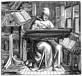 15. yüzyılda bir yazı salonunun köşesinde bir el yazması üzerinde çalışan keşiş.