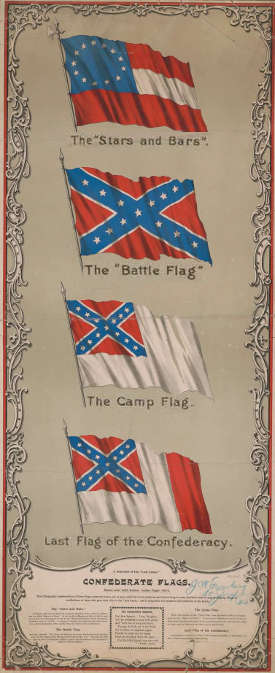 1897 का लिथोग्राफ कॉन्फेडरेट ध्वज डिजाइन में परिवर्तन दिखाता है। युद्ध में संघ के सैनिकों से कन्फेडरेट्स को अलग पहचान देने के लिए चुना गया 'सदर्न क्रॉस' डिज़ाइन, सफेद विद्रोह का प्रतीक बन गया।