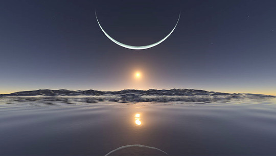 Desenho de uma lua e um sol fictícios com a lua várias vezes maior que o sol
