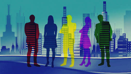 siluet berwarna-warni 5 orang dengan bangunan pencakar langit di latar belakang