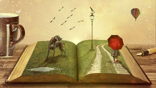 sebuah buku terbuka di mana cerita menjadi hidup dan keluar dari halaman