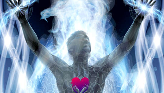 mannelijke figuur met opgeheven handen met licht dat naar voren stroomt en stralend hart op de borst