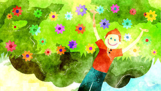 un enfant et des fleurs