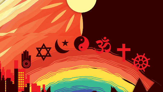 aurinko paistaa alas sateenkaarelle, jossa on lukuisten uskontojen symboleja