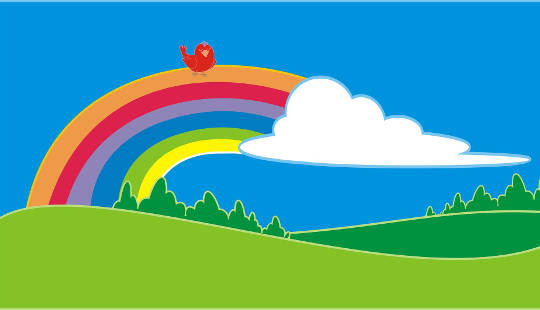 um desenho brilhante e vívido de um arco-íris sobre um campo gramado
