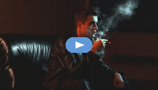 lelaki muda duduk di dalam bilik gelap, merokok