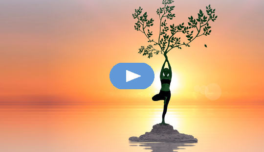 Frau in einer Yoga-Baum-Pose mit einem Baum, der aus der Krone ihres Kopfes wächst