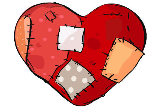 en teckning av ett hjärta med fläckar och ärr
