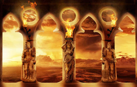 Standbeelde van Griekse gode wat planete en vuur omhoog hou.