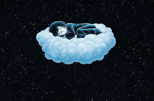 karikatur seseorang yang tidur di atas awan di langit malam