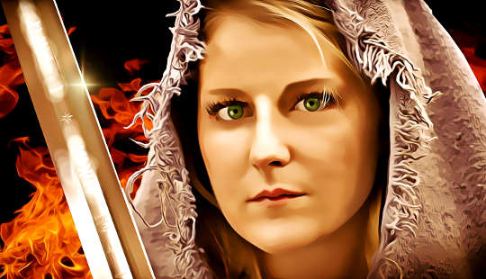 seorang pahlawan wanita memegang pedang yang bersinar