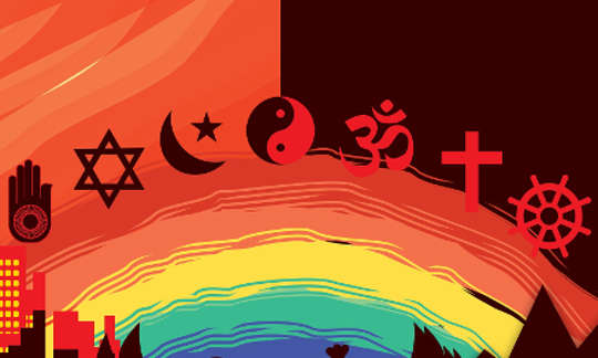 symboler for ulike religioner lagt over en regnbue og et bybilde