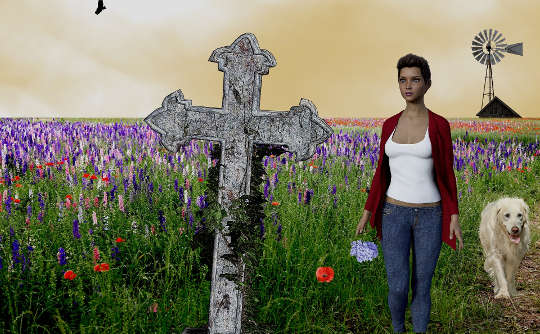 eine Frau an einem alten Grabstein mit einer Windmühle im Hintergrund