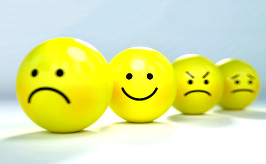 four "smiley" faces: happy, angry, anxious, sad