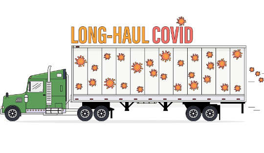 um grande caminhão com uma placa que diz "Longa distância Covid"