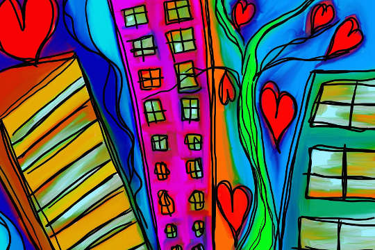 a drawing of colorful buildings with a stylized tree which bears hearts