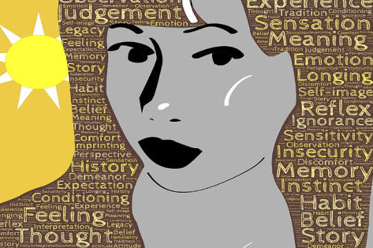 rysunek linii przedstawiający twarz kobiety ze słowami takimi jak uczucie, pamięć itp. napisanymi w tle