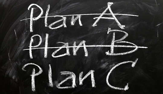 L Plan A, Plan B, her ikisinin de üzeri çizilmiş ve ardından Plan C yazan kara tahta.