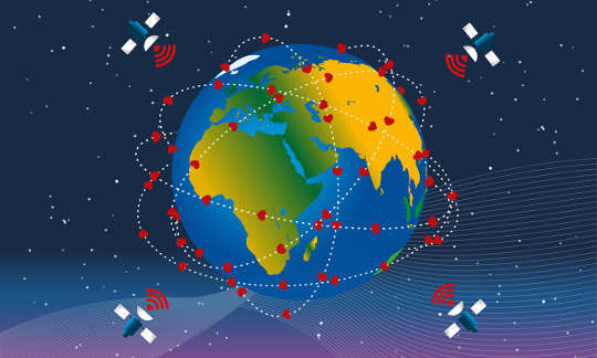 planet bumi dengan hati di atasnya dipancarkan oleh satelit