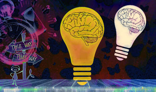một đường viền của một bộ não được bọc trong một bóng đèn màu vàng sáng
