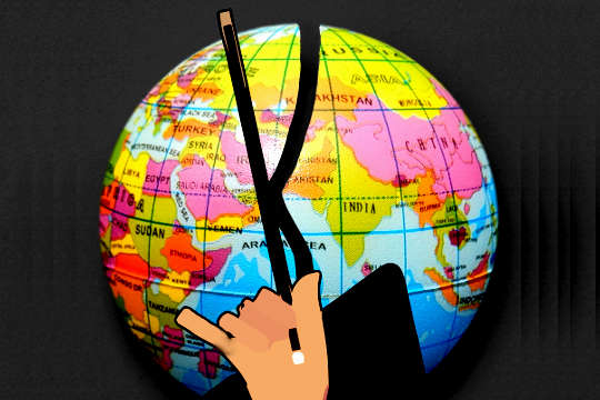 a hand holding a conductor's baton overlaid over the globe showing the countries
