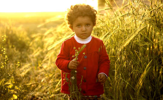 seorang kanak-kanak berdiri di padang rumput memegang bunga herba liar